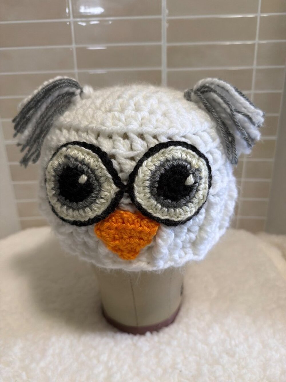 Handmade Crochet Owl Hat White with Gray Ear Tufts & Large Detailed Eyes